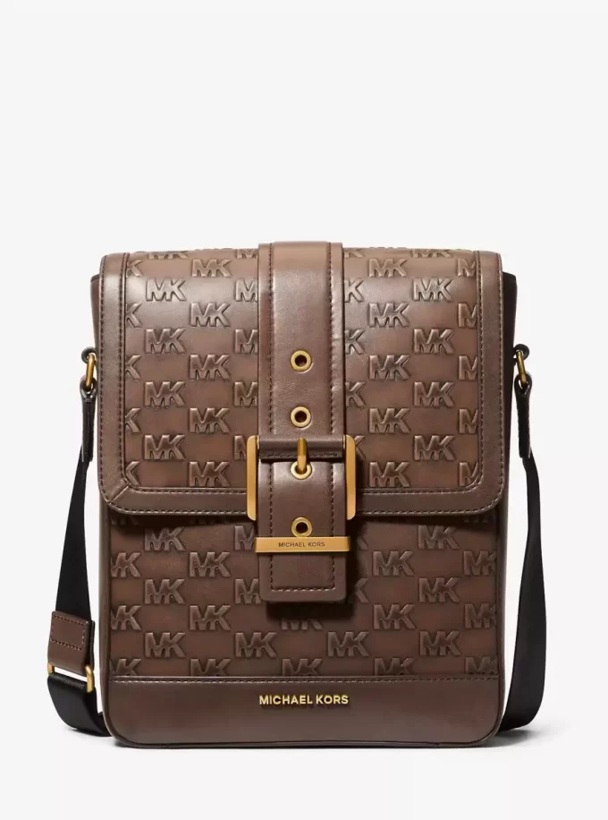 Colby Logo Embossed Burnished Leather Messenger Bag Colby Logo Embossed Burnished Leather Messenger Bag
