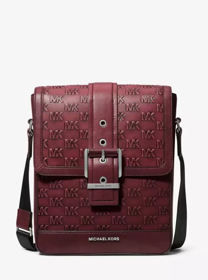 Colby Logo Embossed Burnished Leather Messenger Bag Colby Logo Embossed Burnished Leather Messenger Bag