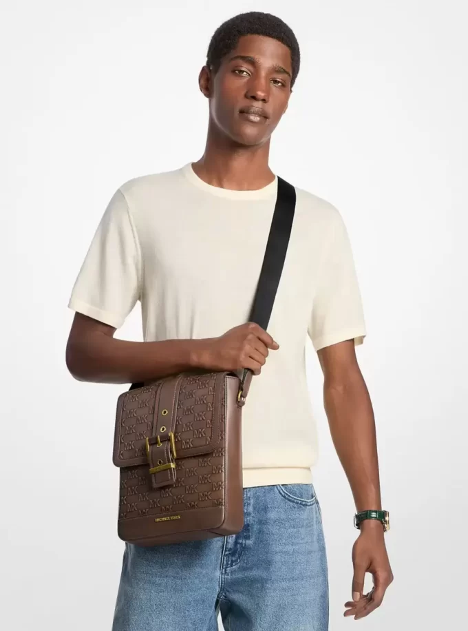 Colby Logo Embossed Burnished Leather Messenger Bag Colby Logo Embossed Burnished Leather Messenger Bag