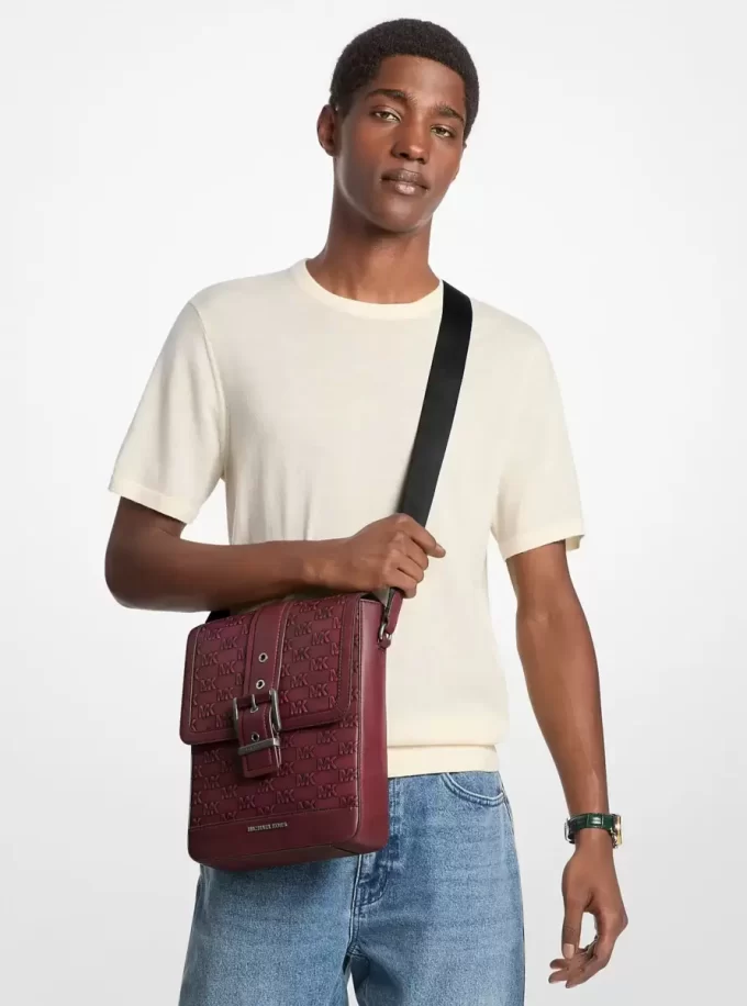 Colby Logo Embossed Burnished Leather Messenger Bag Colby Logo Embossed Burnished Leather Messenger Bag