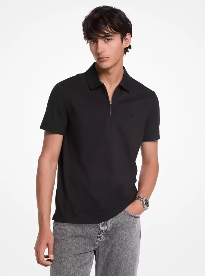 Cotton Blend Piqué Zip-Up Polo Shirt Cotton Blend Piqué Zip-Up Polo Shirt