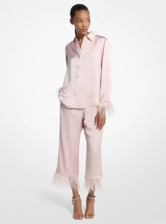 Feather Trim Satin Pajama Pants