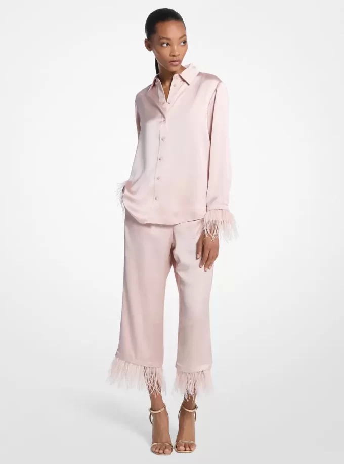 Feather Trim Satin Pajama Pants