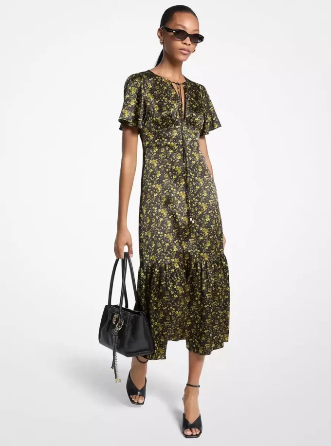 Floral Hammered Satin Midi Dress