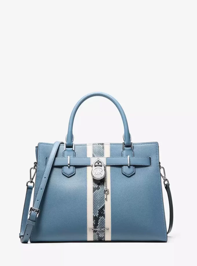 Hamilton Medium Leather and Snake Embossed Stripe Satchel