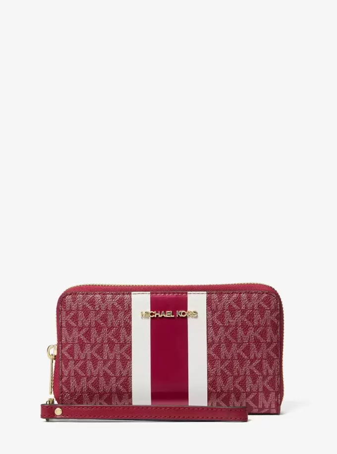Jet Set Large Metallic Signature Logo Stripe Smartphone Wallet