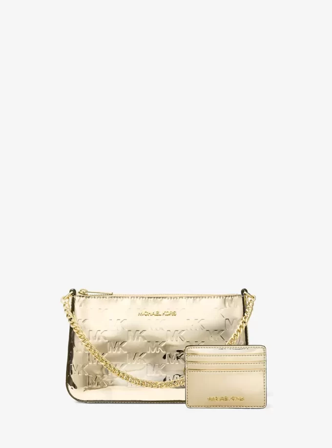 Jet Set Medium Metallic Logo Debossed Pochette and Card Case Gift Set