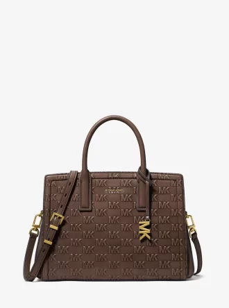 Laila Medium Logo Embossed Burnished Leather Satchel