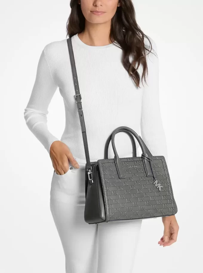 Laila Medium Logo Embossed Burnished Leather Satchel Laila Medium Logo Embossed Burnished Leather Satchel