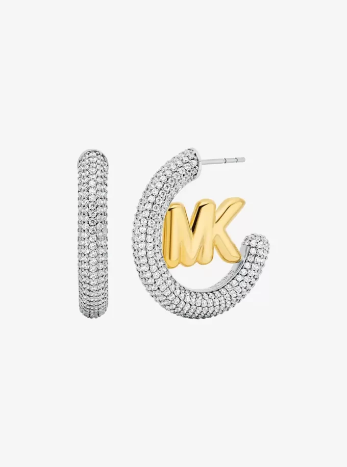 Large Pavé Logo Charm Two-Tone Hoop Earrings