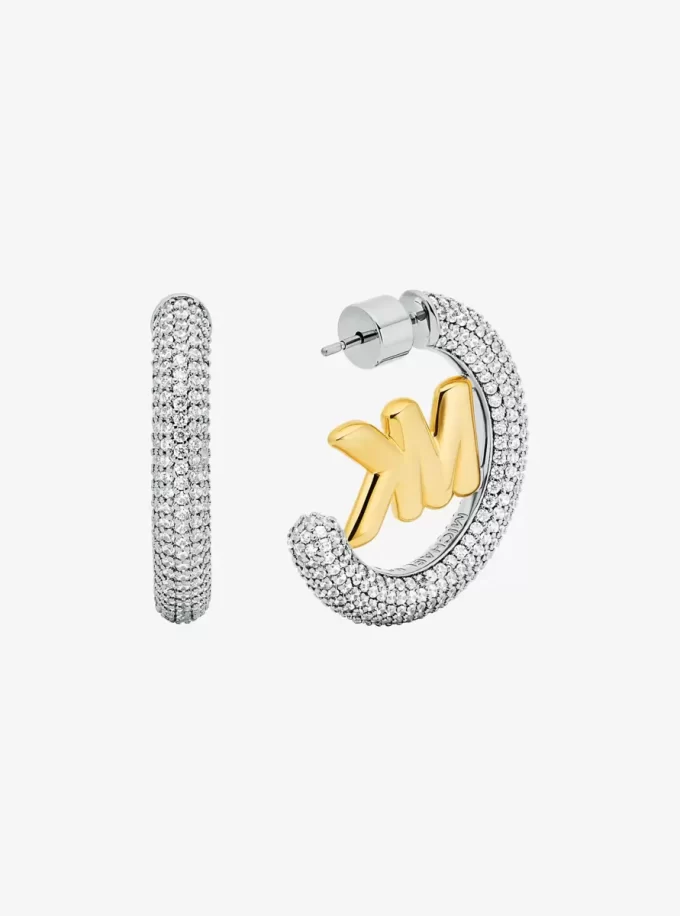 Large Pavé Logo Charm Two-Tone Hoop Earrings
