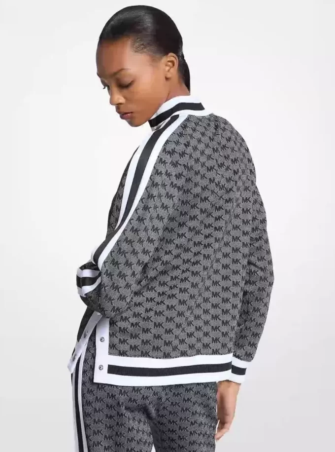Logo Print Metallic Stretch Knit Half-Zip Jacket
