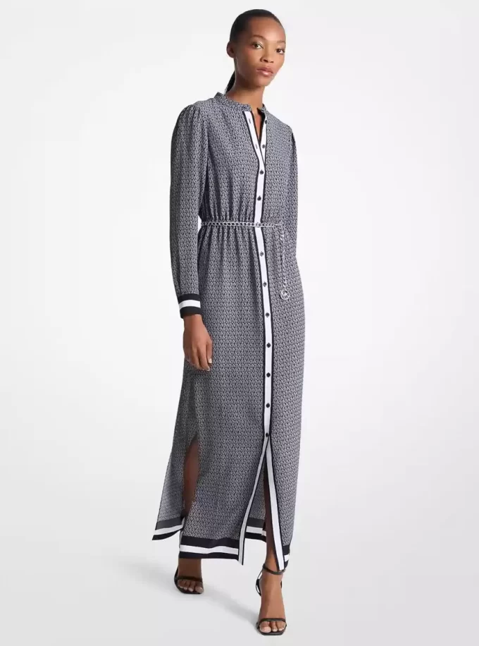 Logo Print Satin Belted Maxi Dress Logo Print Satin Belted Maxi Dress