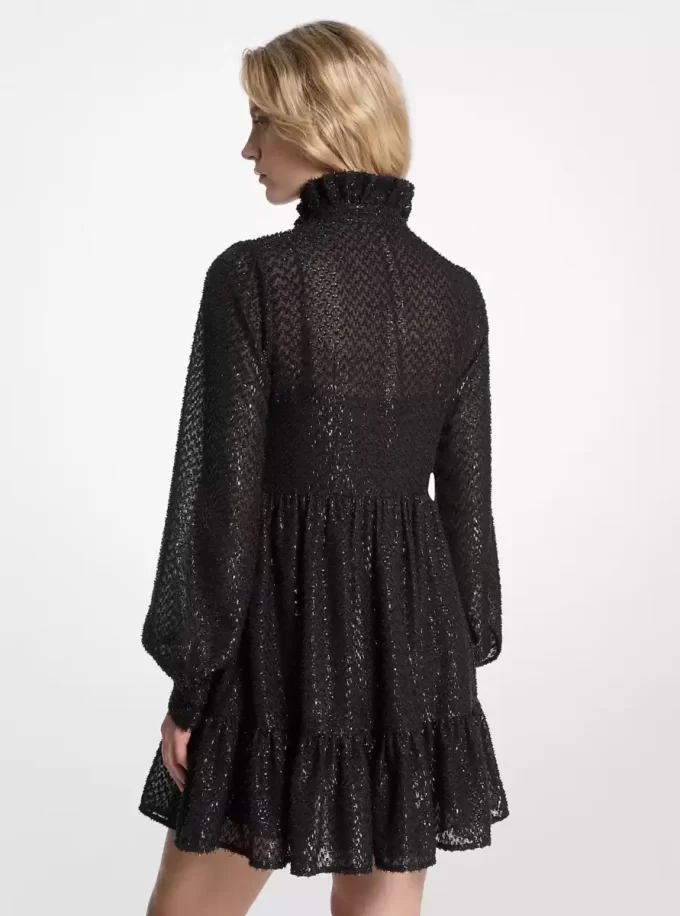 Metallic Clip Jacquard Tie-Neck Dress