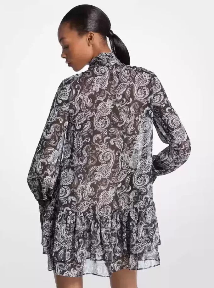 Metallic Paisley Georgette Tie-Neck Dress Metallic Paisley Georgette Tie-Neck Dress