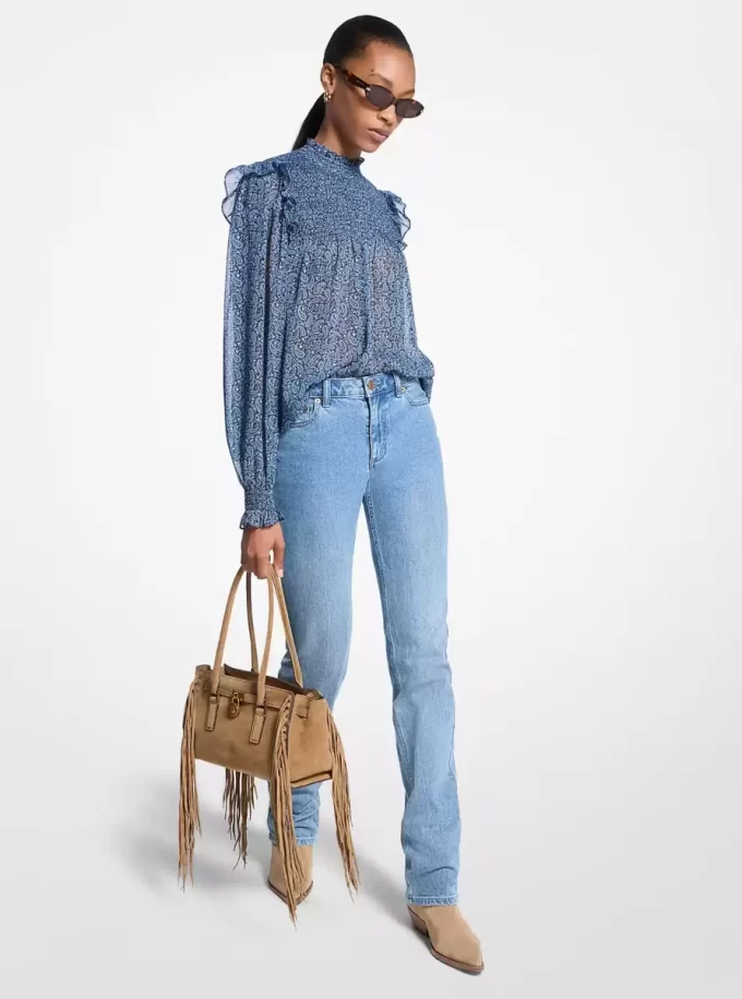 Metallic Paisley Print Smocked Georgette Blouse