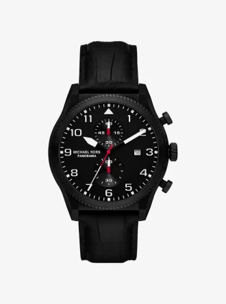 Oversized Panorama Black-Tone and Crocodile Embossed Leather Watch