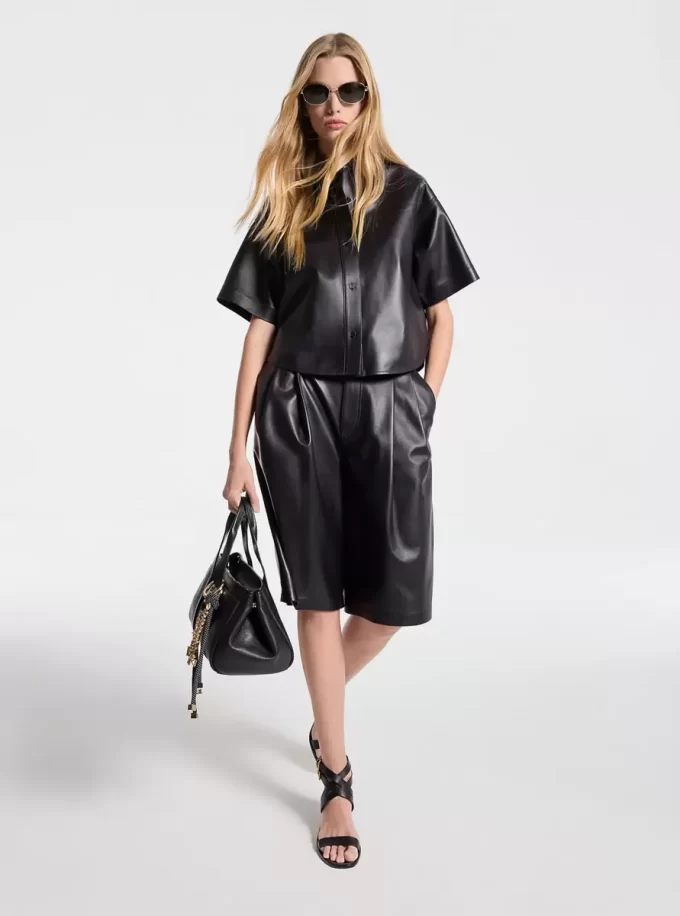 Pleated Leather Bermuda Shorts
