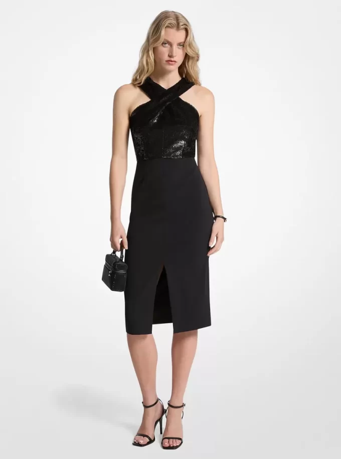 Sequined and Crepe Halter Dress