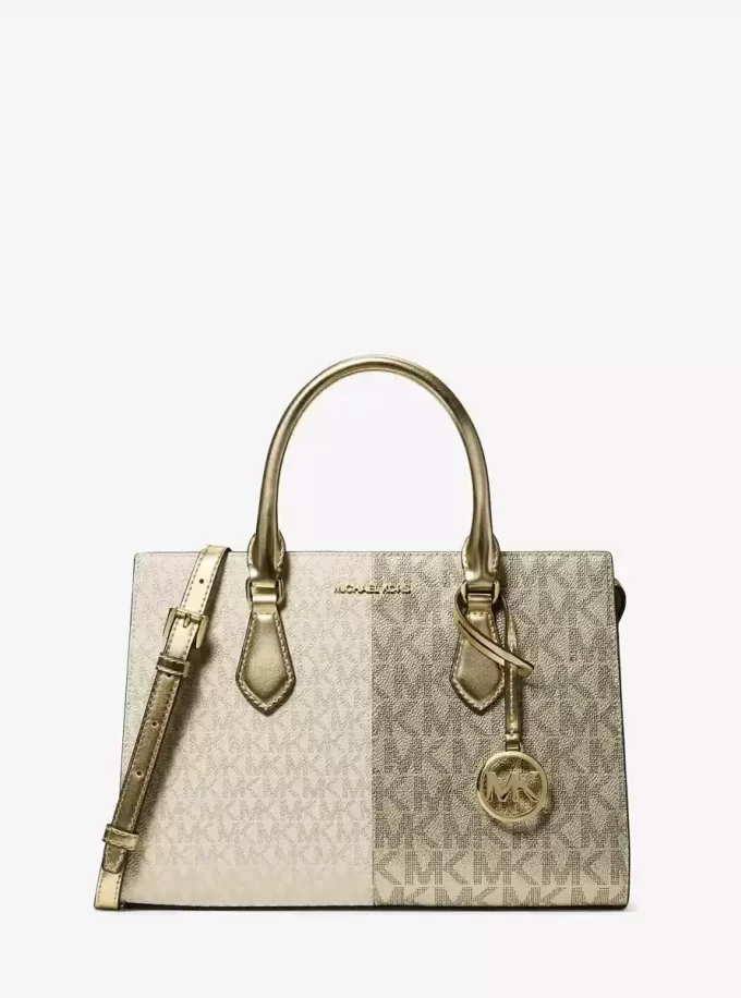 Sheila Medium Two-Tone Metallic Signature Logo Satchel