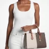 Sheila Medium Two-Tone Metallic Signature Logo Satchel