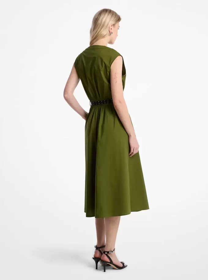 Stretch Cotton Poplin Belted Midi Dress
