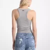 Tie-Front Ribbed Stretch Knit Tank Top